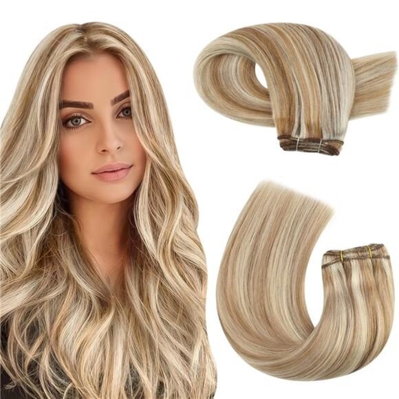 Sew in Hair Extensions Real Human Hair Blonde Highlights Remy Human main image 4